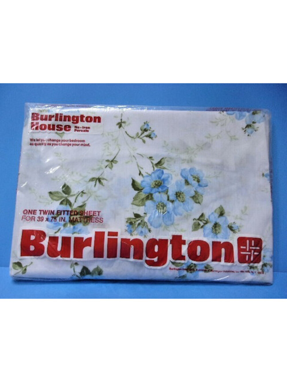 Vintage Burlington House Twin Fitted Sheet Blue Floral Percale 39"x75" NOS 1970s